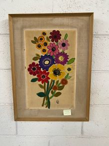 Vintage Yarn Crewel Embroidered Flowers SIGNED E W