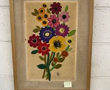 Vintage Yarn Crewel Embroidered Flowers SIGNED E W