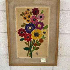 Vintage Yarn Crewel Embroidered Flowers SIGNED E W