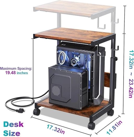 Height Adjustable Computer Tower Stand with 2-Tier ATX-Case Cart, Floor Standing Computer stand, With Storage Space, locking casters, fits most computers (Dark Brown, W44 x D30 x H44-59.5cm)