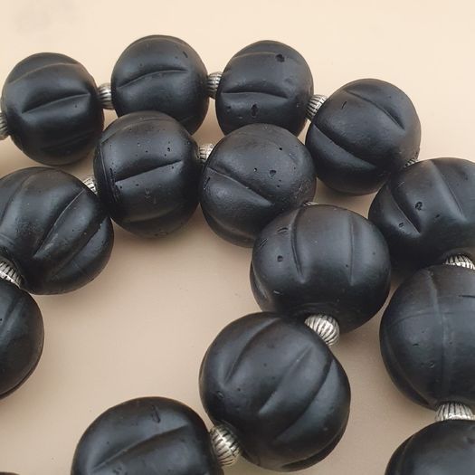 Antique African Style Dark Black Melon Shape Glass Beads Necklace