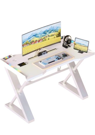 120 x 55 cm Gaming Desk with LED Lights, Gaming Table Thickened Z Shaped, Gamer Desk with Carbon Fiber Coated, Gaming PC Desk, Computer Desk Easy to Assemble, White