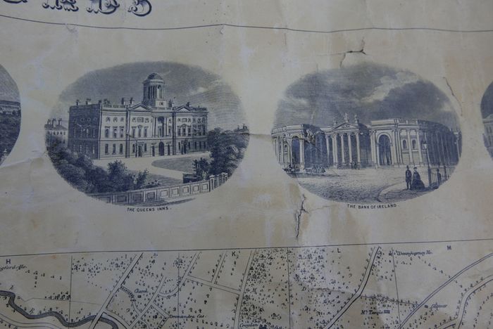 Antique DUBLIN. Map of Dublin & Suburbs with 22 vignettes of Dublin landmarks. Published by Edward Heffernan, 1st June, 1868, 12 Charleville Road, Rathmines. 28" x 22,5". Linen backed. Frayed at edges