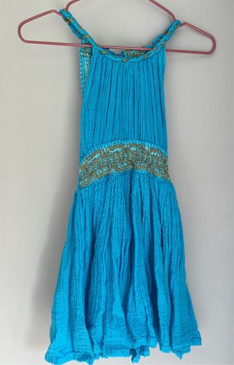 Boomill Blue dress with gold metallic embroidery & braided straps. Age 2 BNWT