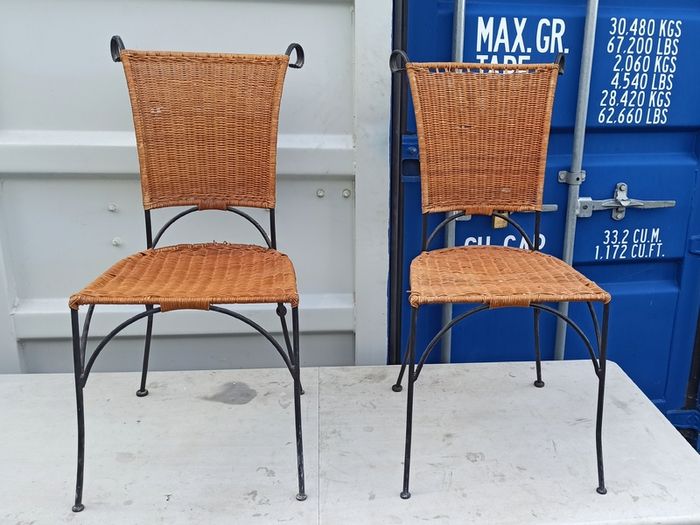 Two vintage wicker and wrought iron chairs
