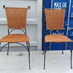 Two vintage wicker and wrought iron chairs