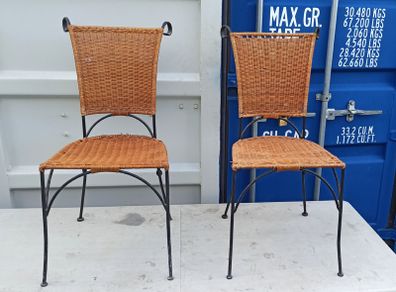 Two vintage wicker and wrought iron chairs