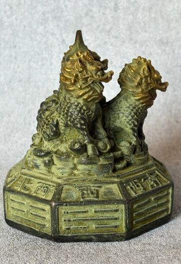Vintage Feng Shui Triple Qilin Sculpture - Patinated Bronze, Signed