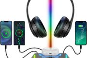 Headphone Stand RGB Headset Holder with Wireless Charger, Headset Stand Gaming Headphone Holder with 2 USB-C and 1 USB Charging Ports, 7 Light Modes and Non-Slip Rubber Base (Black)