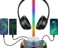 Headphone Stand RGB Headset Holder with Wireless Charger, Headset Stand Gaming Headphone Holder with 2 USB-C and 1 USB Charging Ports, 7 Light Modes and Non-Slip Rubber Base (Black)