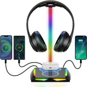 Headphone Stand RGB Headset Holder with Wireless Charger, Headset Stand Gaming Headphone Holder with 2 USB-C and 1 USB Charging Ports, 7 Light Modes and Non-Slip Rubber Base (Black)