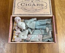 Maileg grandma and grandpa mouse  in large vintage style  cigar box .