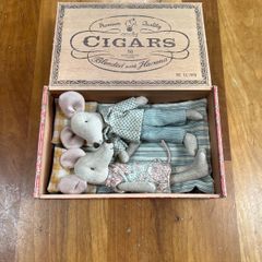 Maileg grandma and grandpa mouse  in large vintage style  cigar box .