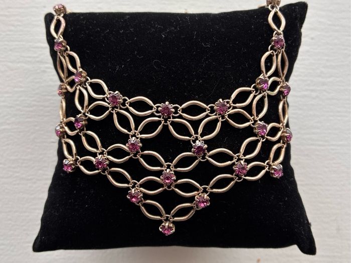Vintage Art Deco Amethyst Purple Rhinestone Lattice Bib Necklace