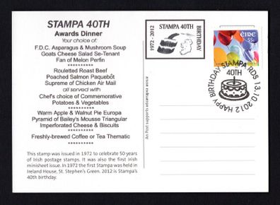 2012 Ireland Stampa Awards Banquet with show cancel of 13th October 2012 and Menu on the reserve.