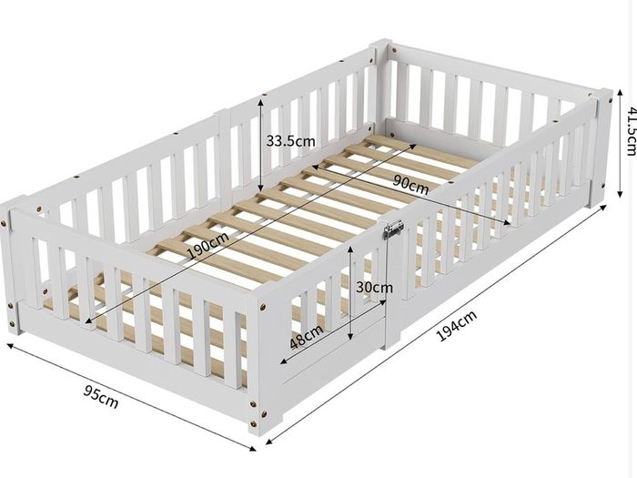 190x90 cm Toddler Floor Bed,3ft Montessori Floor Bed with Rails & Lockable Door,Single Children's Beds for Toddlers,Kids,Fall Protection Including Slatted Frame,White Solid Pine