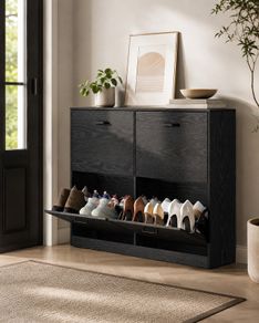 Slim Shoe Cabinet with 4 Flaps and Adjustable Dividers