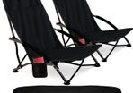 Beach Chair Set of 2 Folding Camping Low Chair - Foldable, Lightweight Portable Chairs with Side Pocket & Carry Bag - Black