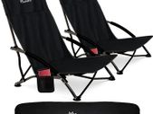 Beach Chair Set of 2 Folding Camping Low Chair - Foldable, Lightweight Portable Chairs with Side Pocket & Carry Bag - Black