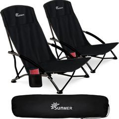 Beach Chair Set of 2 Folding Camping Low Chair - Foldable, Lightweight Portable Chairs with Side Pocket & Carry Bag - Black