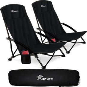 Beach Chair Set of 2 Folding Camping Low Chair - Foldable, Lightweight Portable Chairs with Side Pocket & Carry Bag - Black
