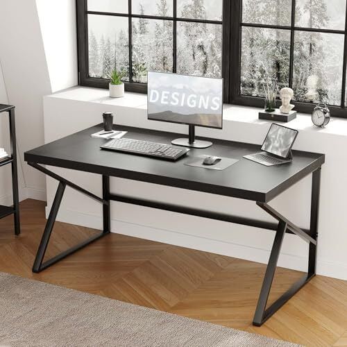 Computer Desk, Modern Industrial Home Office Desk, PC Desk for Student Work Writing Study Gaming, Metal Wood Computer Table in Bedroom Workstation, Study PC Work Gaming Desks, 140cm