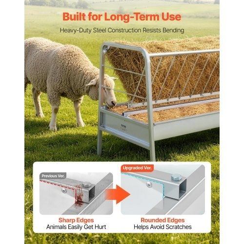 Livestock Hay Feeder, 2 in 1 Grain & Hay Feeder, 300L Capacity, 147 cm Long Goat Pasture Feeding with Deeper Feeding Pan, Heavy Duty Steel Grain Holder for Sheep Sheds, Farms, Horse Barns, Yards