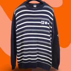 Fila 73 Vintage Mens Knitted Striped Jumper Navy White Sweater Size XL