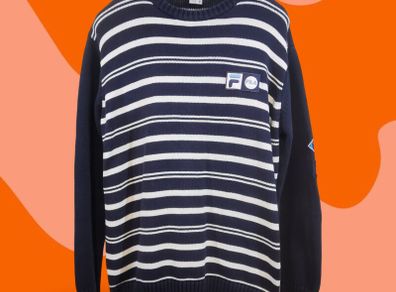 Fila 73 Vintage Mens Knitted Striped Jumper Navy White Sweater Size XL