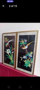 Mid century pair of oriental painted silk paintings