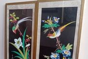 Mid century pair of oriental painted silk paintings