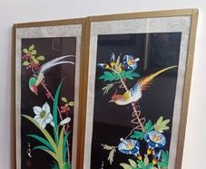 Mid century pair of oriental painted silk paintings