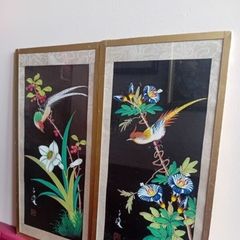 Mid century pair of oriental painted silk paintings