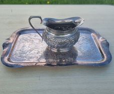 Viking Plate / Made in Canada / E.P. Brass creamer and tray