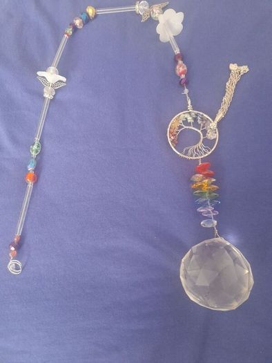 Hanging Large Crystal ball  tree of life chakra sun  catcher reflects all over room when caught with sun