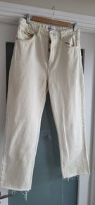 ZARA high waisted straight leg beige jeans with frayed hems Sz 40 EU (Fit 12 UK) - Bnwot Rrp 39.99