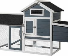 Chicken Coop with Nesting Box & Open Enclosure, Grey, House with Pull-out Tray