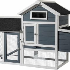 Chicken Coop with Nesting Box & Open Enclosure, Grey, House with Pull-out Tray