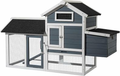 Chicken Coop with Nesting Box & Open Enclosure, Grey, House with Pull-out Tray