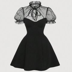 Mesh Puff Sleeve Short miniblack Dress M (S) NEW