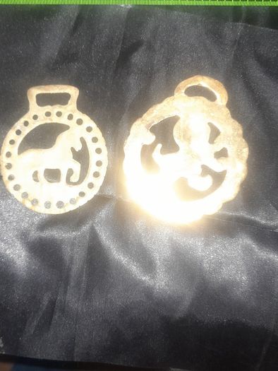 2 Old Brass Horse Tackle Emblems and an Old Hand Carved Man