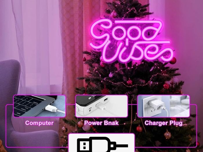 Good Vibes Neon Signs (13" X 7"), Cisteen Led Neon Light Signs with Acrylic Board, Goodvibes Neon Word Light Wall Decor Powered by USB for Bedroom, Makeup Room, Game Room,Bar,Wedding,Party (FREE POSTAGE)
