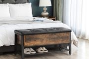 Industrial Look bench with storage space shoe bench, bench with padded seat and shoe rack, bed chest with storage space, multifunctional chest, hallway, bedroom, imitation leather, industrial design, vintage brown-black