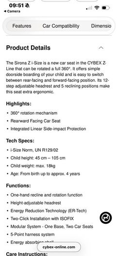 Cybex Sirona I size platinum carseat and isofox