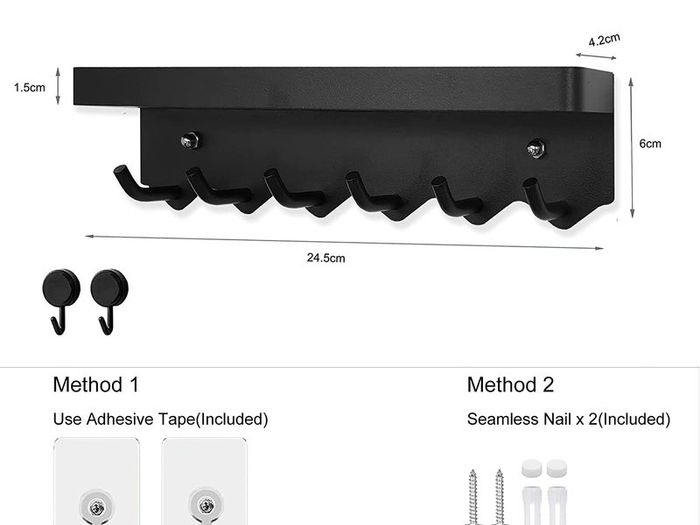 6 Hooks Modern Key Holder, Multifunctional Self Adhesive or Drilling 2 Ways Installation Wall Key Rack, Key Hooks Wall Mounted for Entrance Area, Kitchen, Office, Bathroom, Living Room(Black)
