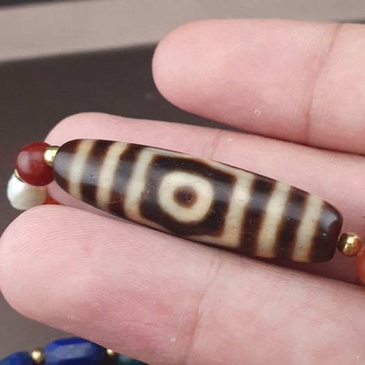 Antique Himalayan Tibetan 3 Eyes Agate Dzi Bead With Mix Lapis,carnelianPearls Necklace