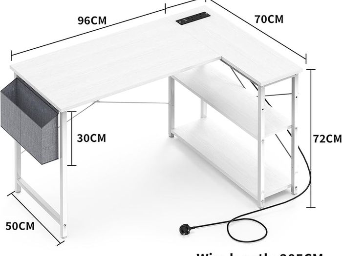 L Shaped Computer Desk with Power Outlet, 118CM Corner Office Desk for Small Spaces with Storage Shelves, Study Work Writing Table for Home Office Bedroom, Snow White