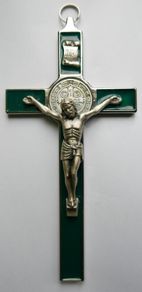 Vintage Religious Large metal and green enamel Cross Christus Corpus Crucifix INRI - 8"