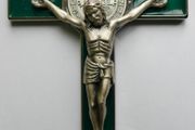 Vintage Religious Large metal and green enamel Cross Christus Corpus Crucifix INRI - 8"