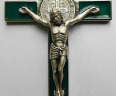 Vintage Religious Large metal and green enamel Cross Christus Corpus Crucifix INRI - 8"